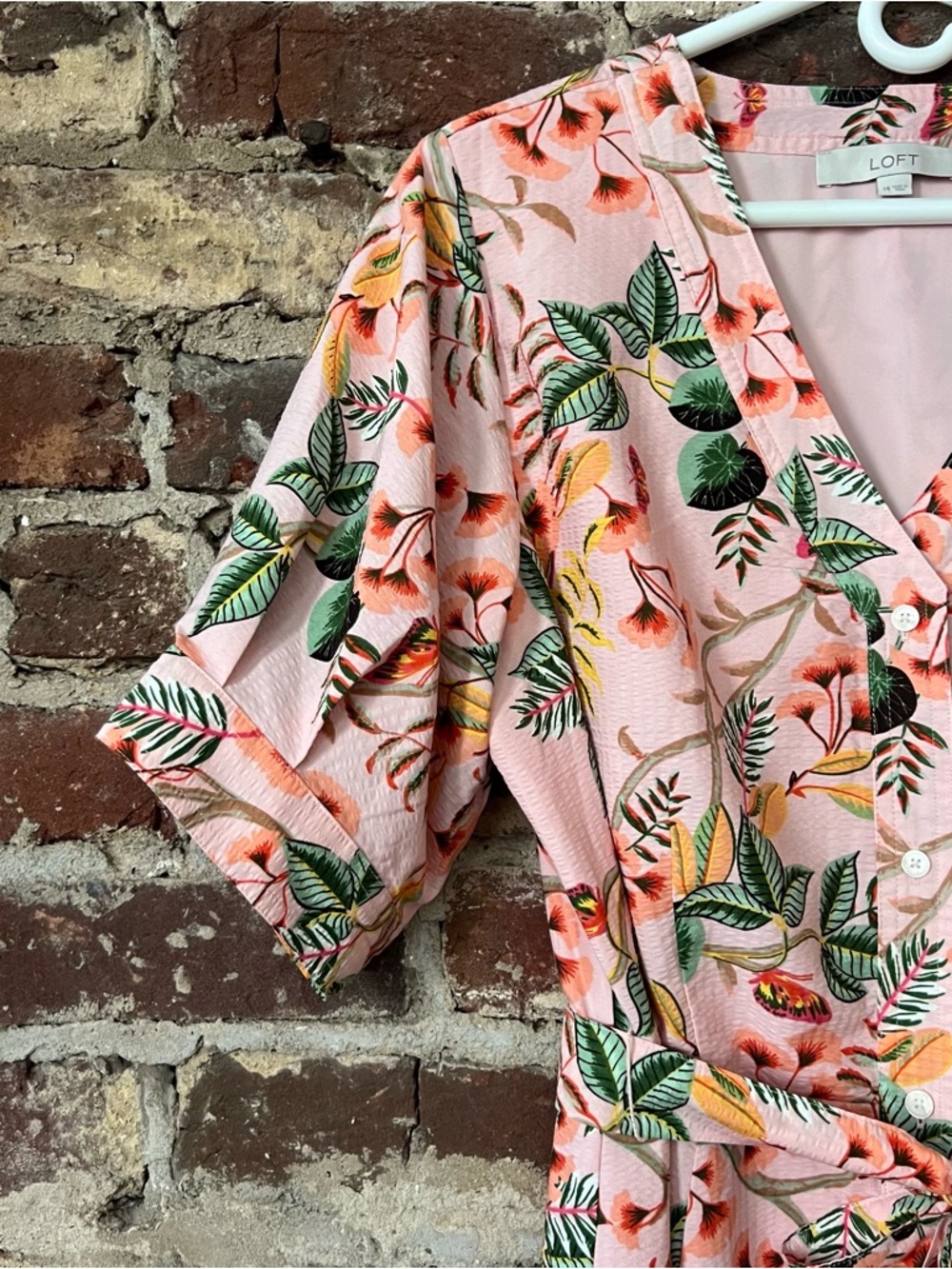LOFT Peach-Pink Floral Midi Dress with Green Leaf Print - Picture 4 of 8